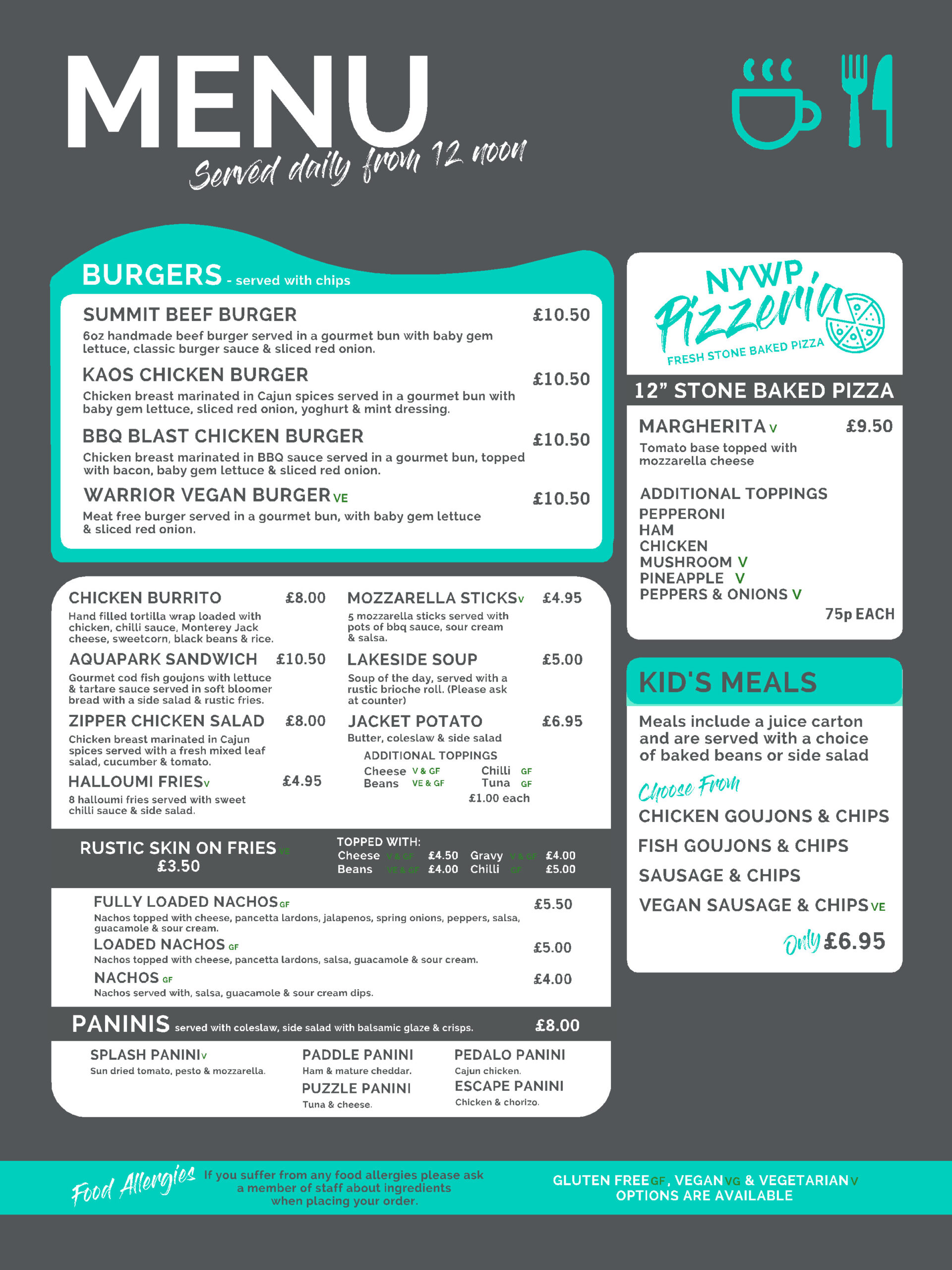 A food menu for North Yorkshire Water Park café featuring pizza, light bites, paninis, kids meals, and jacket potatoes