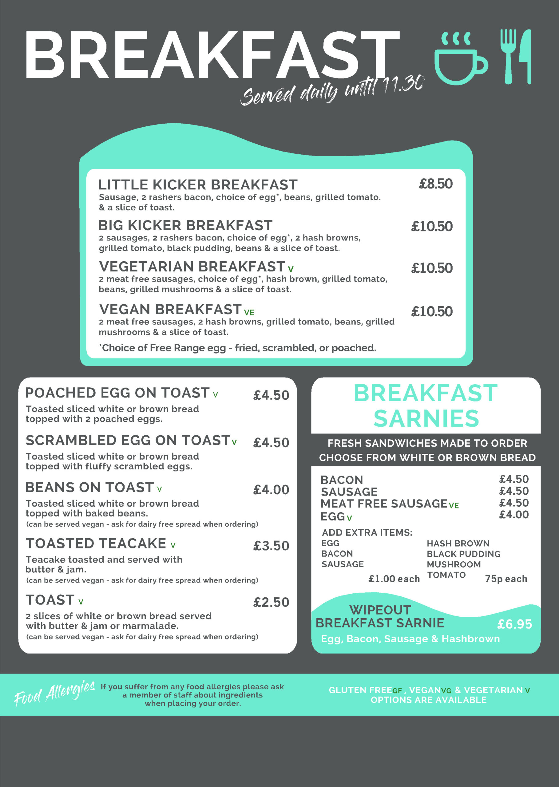 Breakfast winter menu for North Yorkshire Water Park Cafe 2025