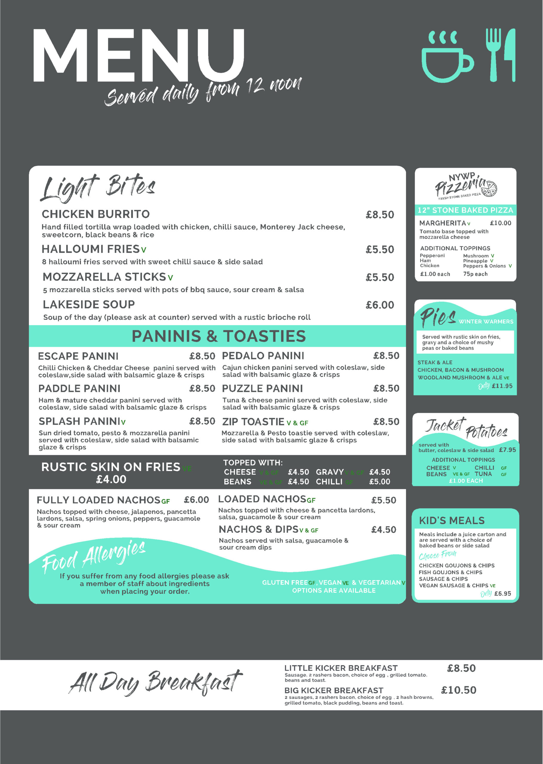 Main winter menu for North Yorkshire Water Park Cafe 2025