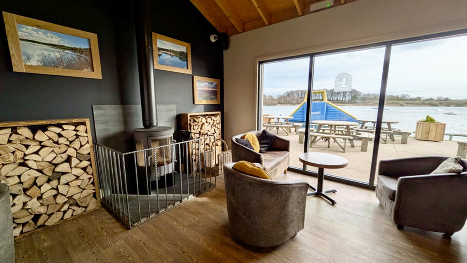 View from inside the cafe looking out onto the aqua park at north Yorkshire water park