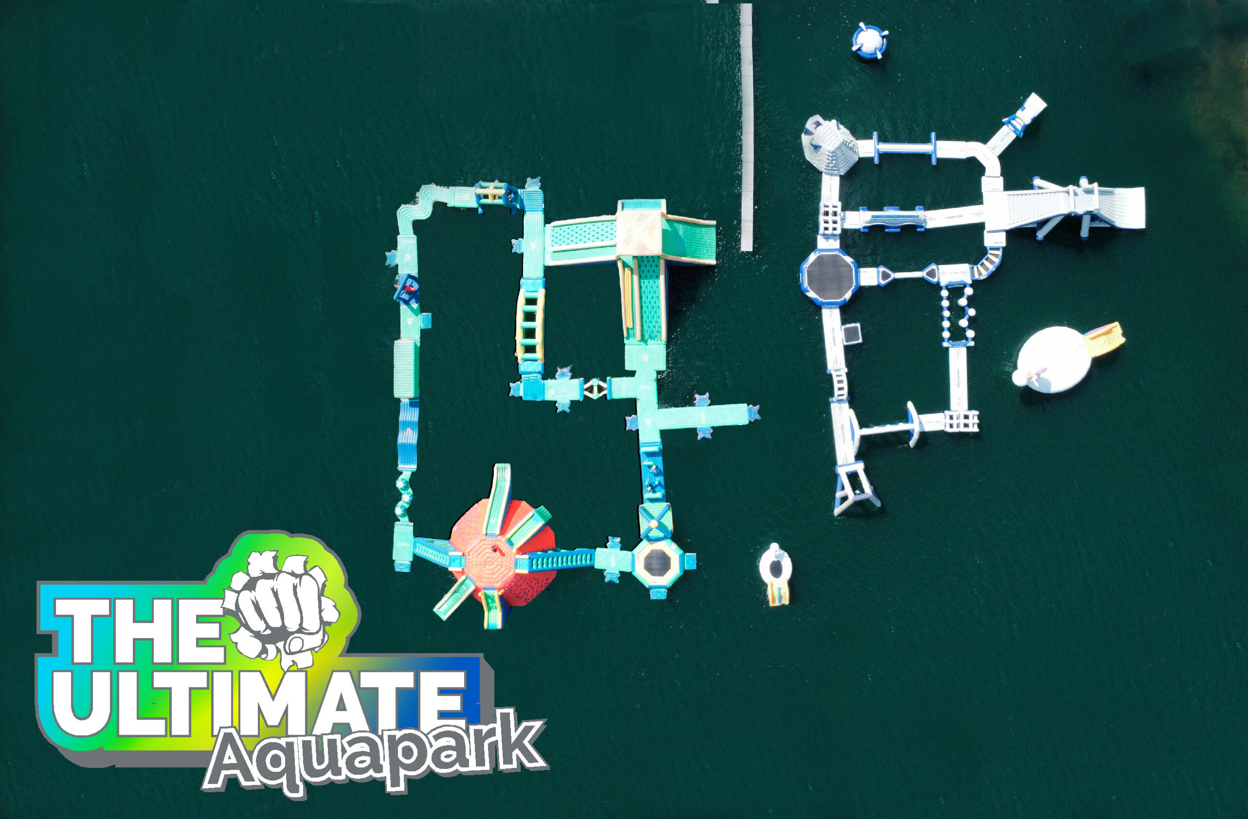 Wipeout and warrior inflatable aquapark layout on a lake with The Ultimate logo overlaid on top
